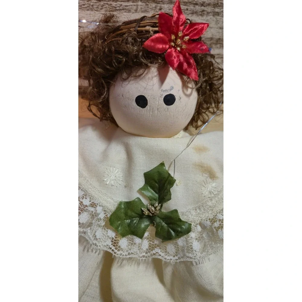Vintage Folk Art Angel Tree Topper Rustic Wood Lace Cream Christmas Decor 12in